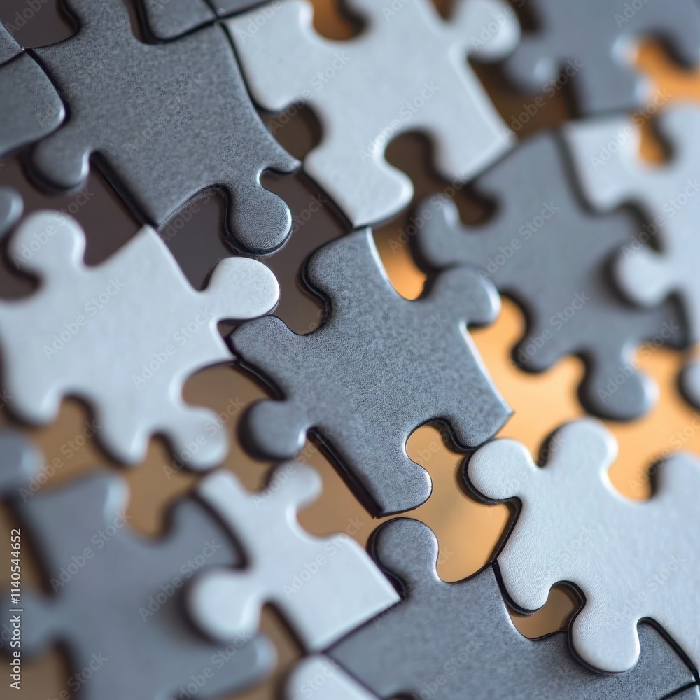 Poster close-up of grey puzzle pieces interlocking on a soft-focus background, creating a feeling of unity 