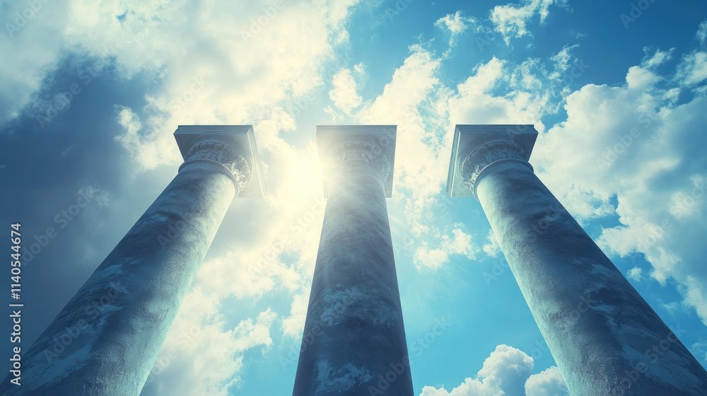 Poster three ancient columns reaching towards a bright sky with clouds.
