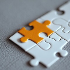 Obraz premium A close-up of an orange puzzle piece fitting into a white puzzle, symbolizing connection and creativity.