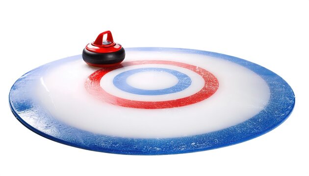 Curling is a sport in which players slide stones on a sheet of ice toward a target area that is segmented into four concentric circles elated to bowls, boules, and shuffleboard. Isolated on white