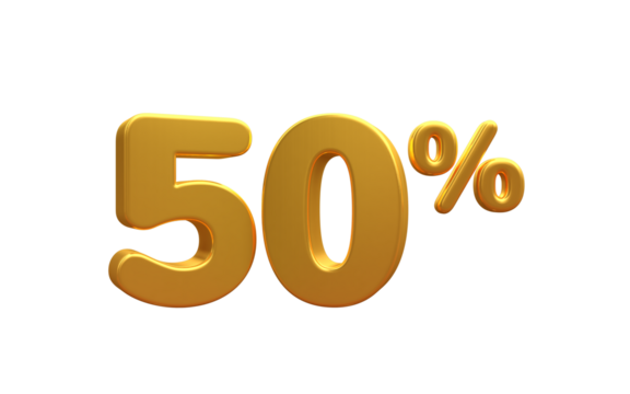 3D render number 50% percentage golden discount,progress,earning, PNG, transparent