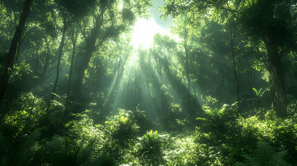 Obraz premium Sunlight Through Dense Forest Canopy 3D Illustration