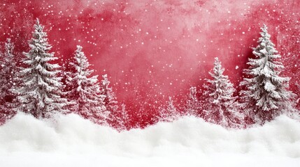 Naklejka premium Winter Wonderland Scene with Snowy Trees and a Vibrant Red Background for Holiday and Christmas Celebrations
