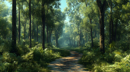 Obraz premium Sunlit Path Through Lush Green Forest - 3D Illustration