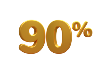 3D render number 90% percentage golden discount,progress,earning, PNG, transparent