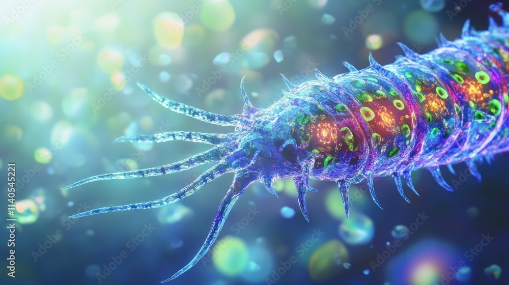 Poster a colorful microscopic view of a segmented organism, showcasing its intricate details.