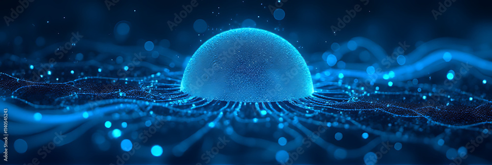 Poster computer system evolves in a dynamic data flow network within a blue cyberspace backdrop of innovati
