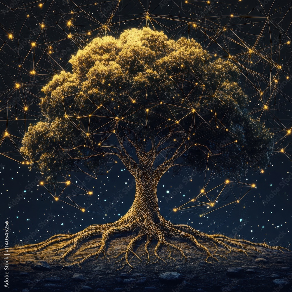 Aufkleber a majestic tree illuminated with golden light, symbolizing connection and knowledge in a mystical ni