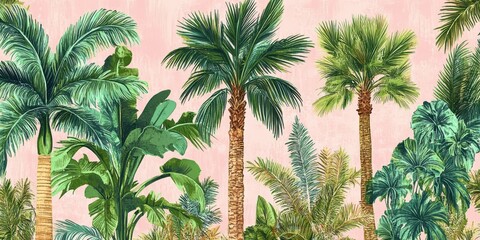 Lush tropical foliage creates a vibrant atmosphere with palm trees and lush greenery against a soft pink backdrop.