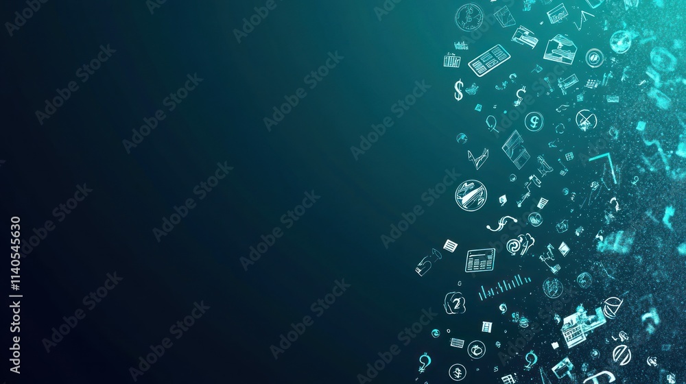 Poster abstract design with various icons representing technology and digital communication.