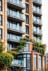 Naklejka premium Warm Autumn Colors on Contemporary Building Facade with Glass Balconies and Rooftop Garden
