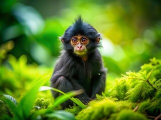 Obraz premium Miniature Black Monkey, Tilt-Shift Photography, Cute Primate, Wildlife, Jungle, Small Monkey, Adorable Monkey, Monkey Portrait, Black Fur Monkey, Monkey Closeup