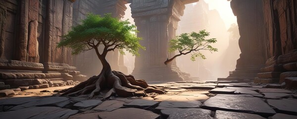 A solitary tree growing through the cracks of an ancient temple floor, jungle plant life, ancient temple, natural decay
