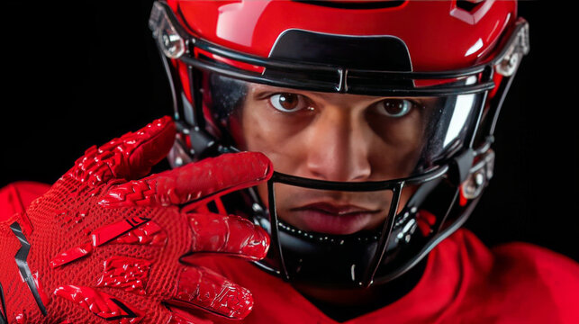 Intense Action Shot of American Football Player in Red Uniform Studio Setting Close-Up View Sports Photography - Powered by Adobe