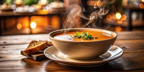 Steaming hot bisque soup on restaurant table tilted angle