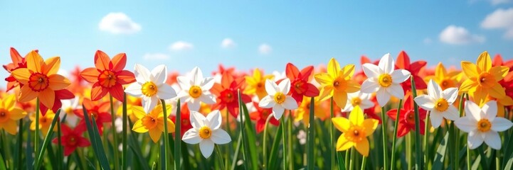 Fototapeta premium Narcissi in full bloom create a stunning mosaic against the clear blue sky, field of flowers, colorful, spring flowers