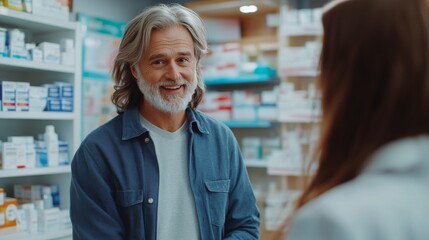 Obraz premium Friendly pharmacist advising a customer in a well stocked pharmacy on a busy afternoon
