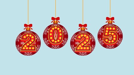 Red Baubles with Number 2025 New Year Hanging on Ribbon Bow Isolated on White and Jpg Transparent Background