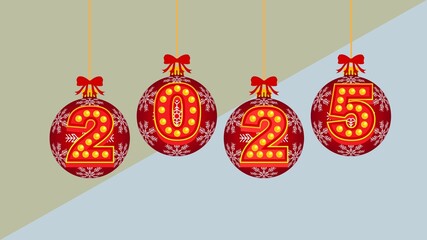 Red Baubles with Number 2025 New Year Hanging on Ribbon Bow Isolated on White and Jpg Transparent Background
