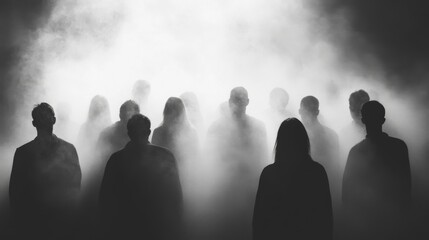 Fototapeta premium Silhouettes of people emerging from fog in a mysterious setting