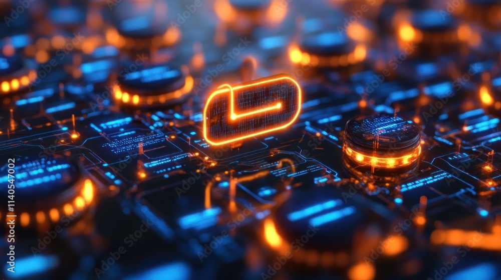 Poster a futuristic circuit board with glowing elements, symbolizing advanced technology.