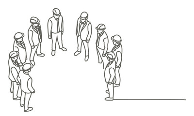 Group of people in construction helmets standing are standing in a circle, top view. Hand drawn vector illustration. Black and white.