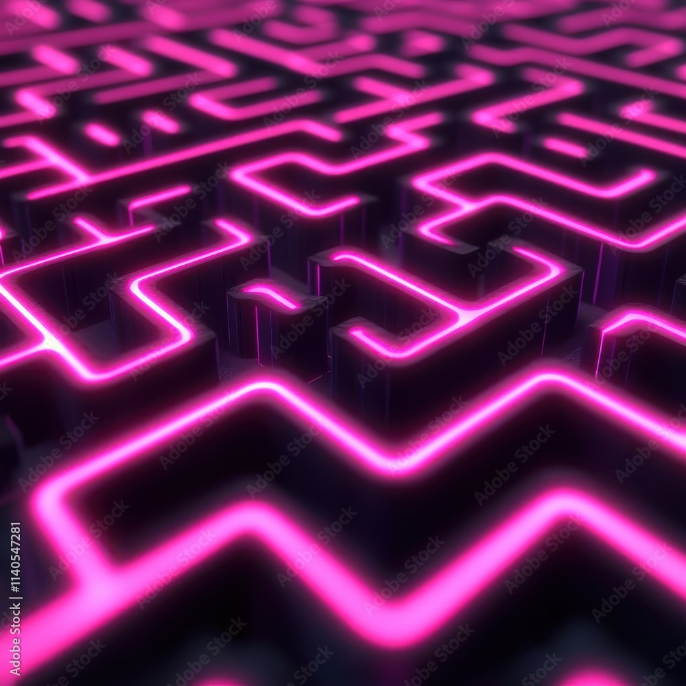 Poster a vibrant, abstract maze design illuminated with glowing pink lines creating a striking visual effec