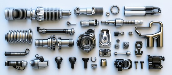 A collection of metallic mechanical parts arranged for industrial or engineering purposes.