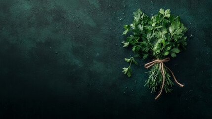 Fresh bundle of mixed herbs including rosemary, parsley, cilantro, and thyme tied together with rustic twine on a dark wooden background with water droplets, evoking a fresh and organic feel