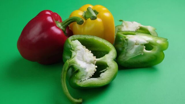 Primo piano di peperone verde tagliato su sfondo verde e peperoni giallo e rosso  in secondo piano