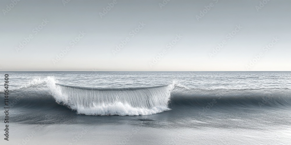 Poster a serene ocean wave with a smooth curve, reflecting soft gray tones during twilight, creating a peac