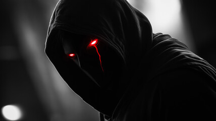Dark hooded figure with glowing red eyes. Concept of mystery, fear, anonymity.