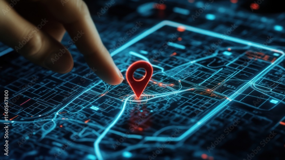 Aufkleber a hand interacts with a digital map featuring a location pin, illustrating navigation technology.