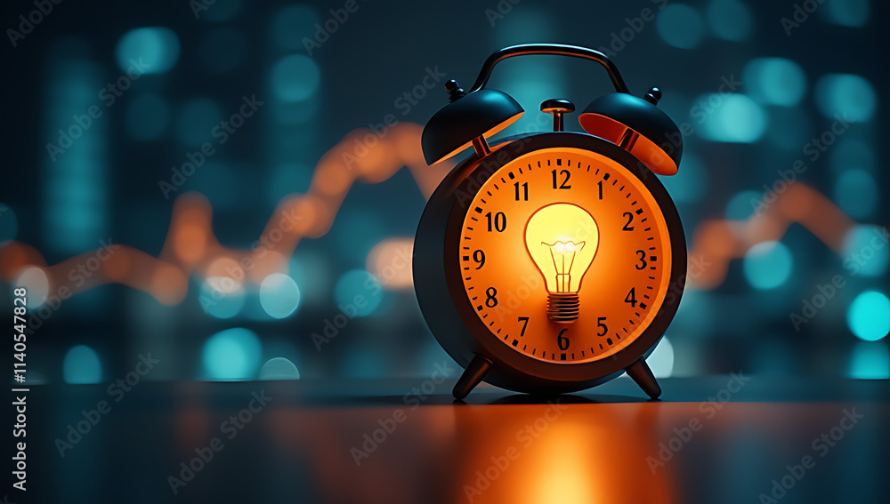 Poster bright ideas strike like an alarm clock with a shiny light bulb icon on a digital dateline display._