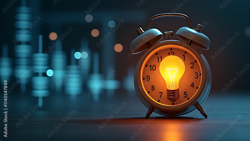 Aufkleber bright ideas strike like an alarm clock with a shiny light bulb icon on a digital dateline display._