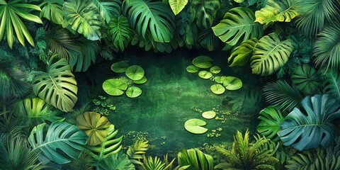 Fototapeta premium Vibrant green tropical foliage surrounds a serene pond with lily pads, creating a tranquil natural oasis.