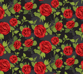 A bouquet of vintage red roses, created with rose petals and bud flowers. Luxurious and magnificent flowers. Vector design horizontal bouquet. Spring wedding flowers.