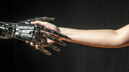 Human hand reaching for a robotic arm in a futuristic setting