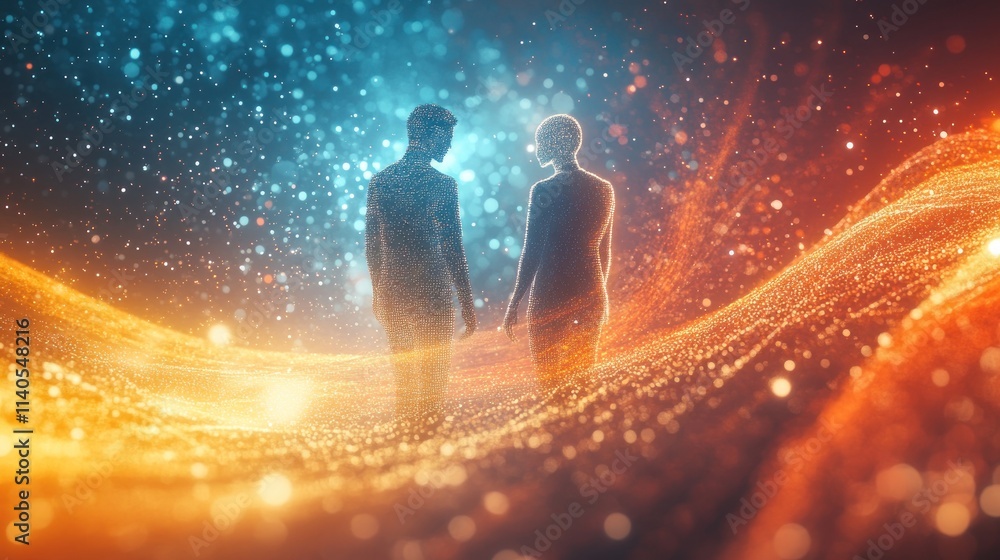 Poster two silhouettes amidst a cosmic, sparkling background representing connection and introspection.