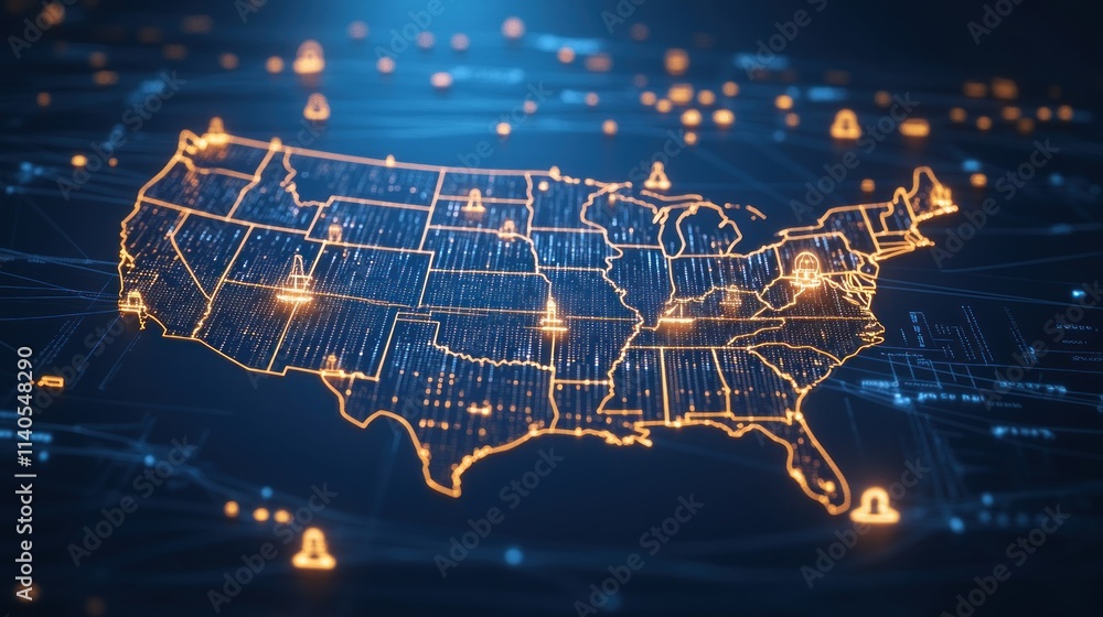 Poster a digital map of the united states with glowing connections and icons representing data points.