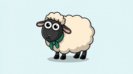 Obraz premium Cartoon Sheep with Big Eyes and a Green Scarf Against a Soft Blue Background