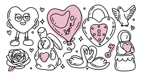 Valentine Day Hand Drawn Doodle elements Set. Love Holiday Cute Clipart for Valentines Day. Line Art Design Different Hearts, Presents, swans, dove, rose, bunny. Outline vector hand drawn illustration