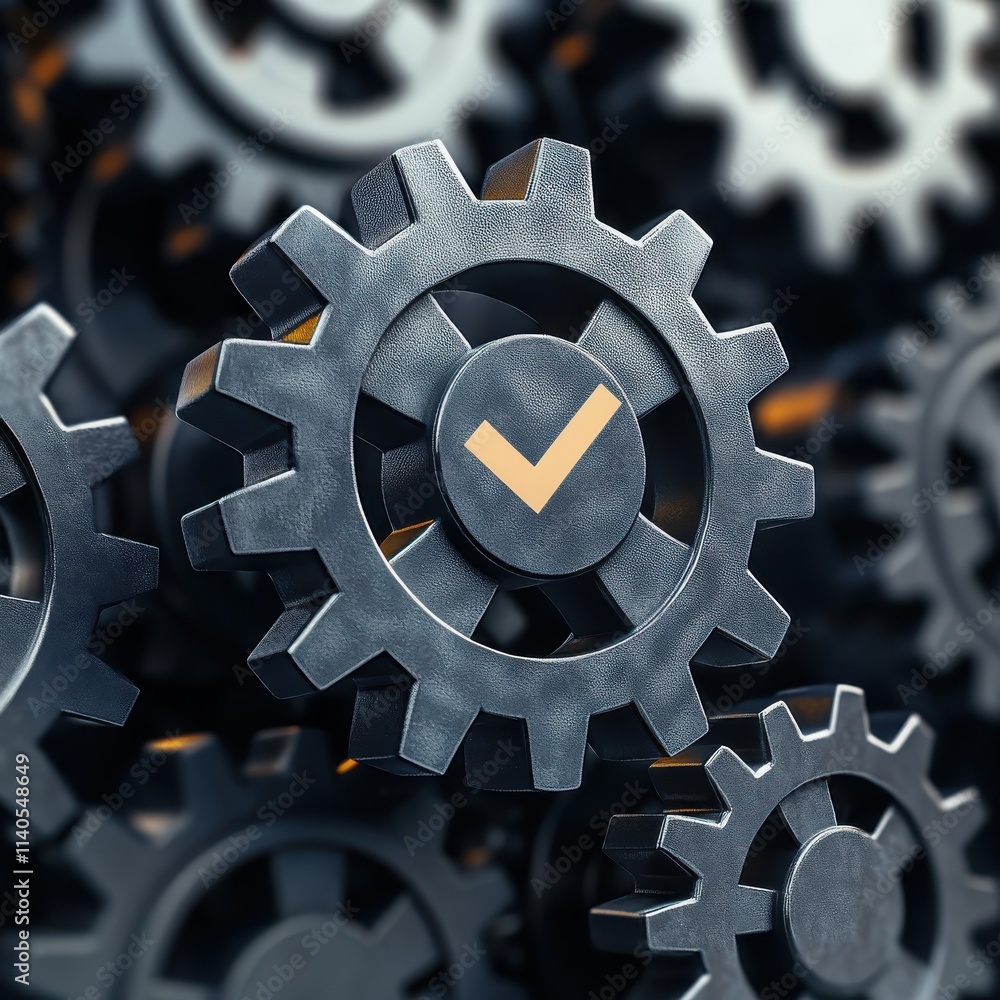 Poster close-up of gears with a check mark symbol, representing successful completion and efficiency in tec