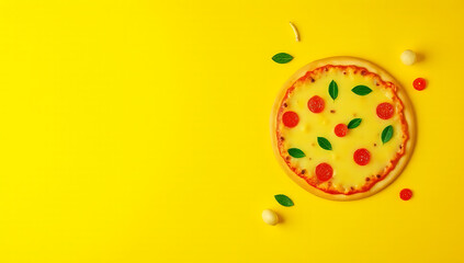 A yellow background features a top view of a pizza with vibrant colors and contrasting design elements that draw attention._00003_