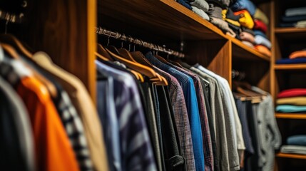 Obraz premium A neatly organized closet displaying various clothing items on hangers.