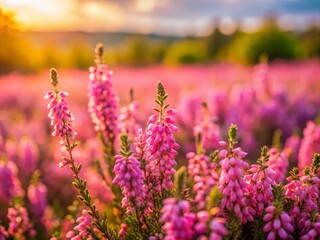Obraz premium Miniature Pink Heather Landscape, Tilt-Shift Photography, Blooming Heather, Purple Flowers, Fairy Tale Scene, Idyllic Meadow, Pink Flower Field, Miniature World, Shallow Depth of Field, Bokeh