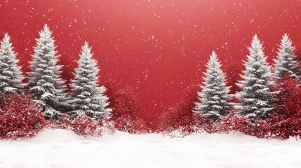 Festive Winter Wonderland Scene Featuring Snowy Pine Trees and a Magical Red Background, Perfect for Holiday Celebrations and Seasonal Greetings