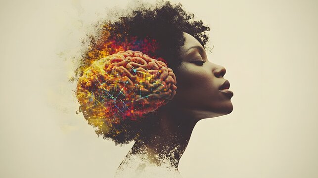 conceptual double exposure shot of a woman&rsquo;s brain, with a burst of colorful data and complex algorithms radiating from it, symbolizing her intellectual power and contributions to mathematics 