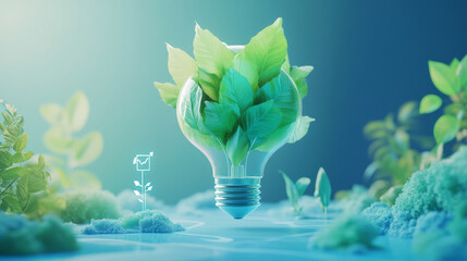 Photo of A visual of a light bulb made of green leaves, floating above a digital landscape with icons representing clean energy, water conservation, and eco-friendly practices. 