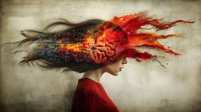conceptual double exposure shot of a woman&rsquo;s brain, with a burst of colorful data and complex algorithms radiating from it, symbolizing her intellectual power and contributions to mathematics 